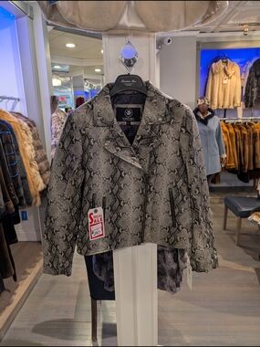 Snake-Print Real Leather Moto Jacket - Gray